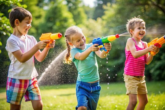 Group of joyful children playing in a home garden on a sunny summer holiday, having fun with water pistols outdoors. Active kids lifestyle, playing in house exterior on vacation