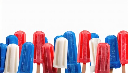 red white and blue popsicles or bombpops bomb pop isolated on white background with copy space.  the flavors are cherry, lime, and blue raspberry flavorings
