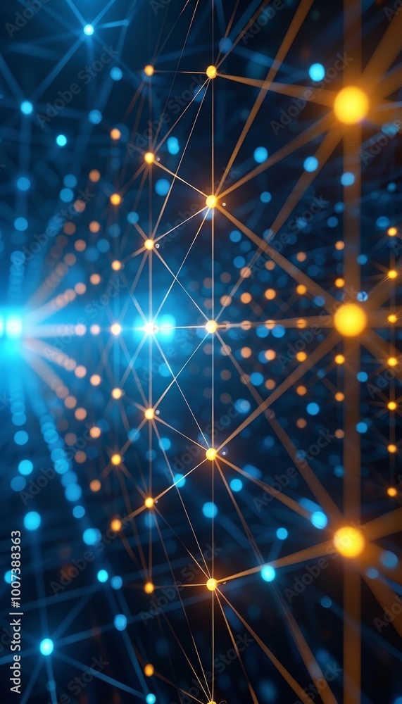 Poster a captivating view of an abstract digital network featuring bright, glowing nodes connected by intri