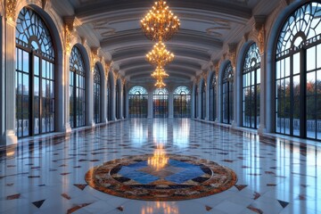 Obraz premium A grand ballroom features beautiful chandeliers, large arched windows with intricate designs illuminating the elegant marble floor, exuding opulence and grace.