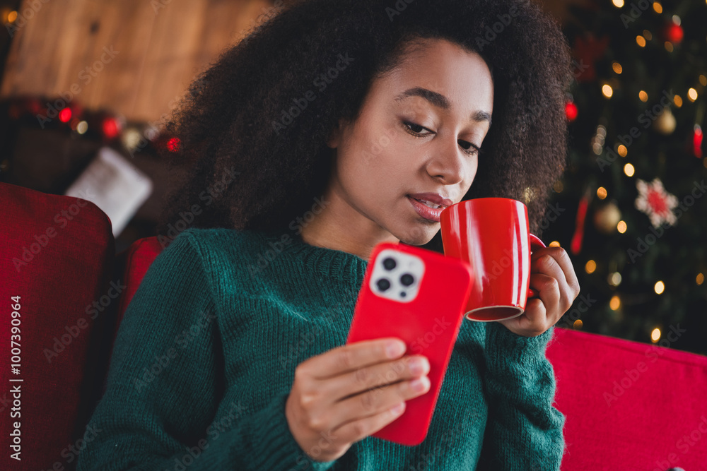 Poster Portrait of nice young girl sit couch coffee smart phone wear sweater new year xmas holiday flat indoors