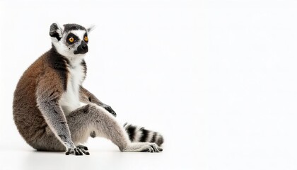 Obraz premium ring tailed lemur - Lemur catta - is a medium to large size strepsirrhine (wet nosed) primate. Named for its black and white pattern tail with rings. Isolated on white background with copy space