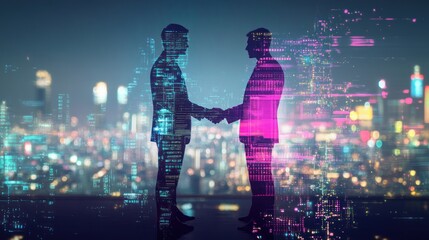 Obraz premium Businessmen Shaking Hands in a Futuristic City