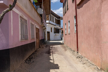 Traditional wooden Kula houses in Turkish and Ottoman architectural style, Manisa, Türkiye. Kula houses; are wooden houses called TURKISH HOUSES during the 18th century Ottoman Empire.