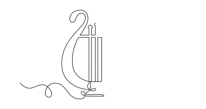 Lyre is musical instrument, symbol of musical art, drawn in one continuous line in minimalism, online artistic animation, continuous motion of outline of drawing, video of drawing with line in 4k
