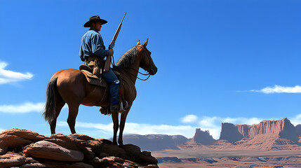 A U.S. cavalryman from the Indian Wars, dressed in blue military uniform and riding a horse across a rocky terrain, with a rifle in hand and the vast plains behind him. U.S. cavalryman riding through 