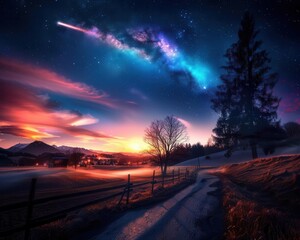 Comet in the night sky over a serene landscape, expansive and celestial, Space, Cool tones, Photograph, Night sky wonder