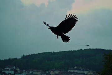 A swallow flies with a rainbow over Veliko Tarnovo, Bulgaria