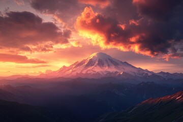 Foreground hills and sunset colored mountain