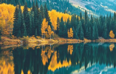 Obraz premium A fall morning in Rocky Mountain National Park features the calm waters of Bear Lake, a splash of color against the grey skies.