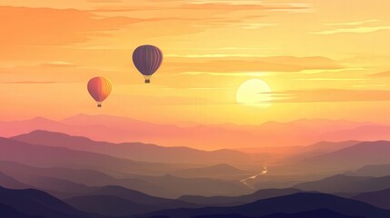 Fototapeta premium Journey of Adventure - Hot Air Balloon Travel Illustration in Vibrant Sunrise Landscape Print Template