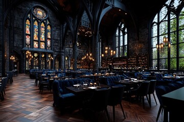 A grand, Gothic-style restaurant interior with high ceilings, ornate stained glass windows, dark blue seating, and an opulent ambiance set amidst candlelight.