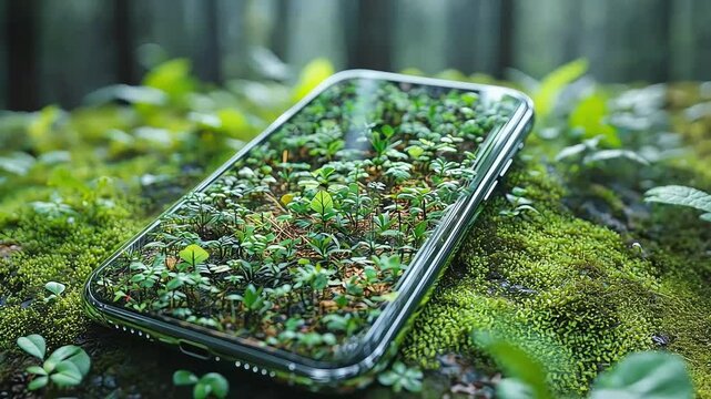 A smartphone lies on a bed of moss in the forest, with green plants growing inside the screen.