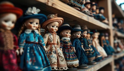 Fototapeta premium Doll collection with intricate costumes, nostalgic and detailed, Vintage, Soft tones, Photograph, Childhood memories