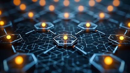 An intricate network of interconnected hexagonal nodes showcases glowing orbs at their centers, creating a futuristic aesthetic