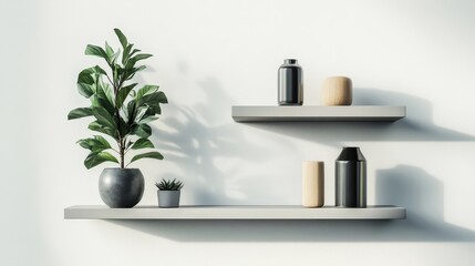 Modern and Chic Interior Design: Stylish Shelves with Decor and Plant on Pastel Background