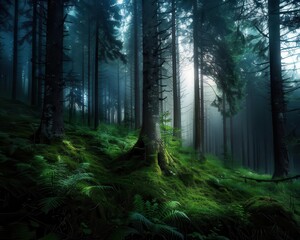 Obraz premium Enchanted forest with mist and tall trees, magical and serene, Nature, Soft greens, Photograph, Mystical woods