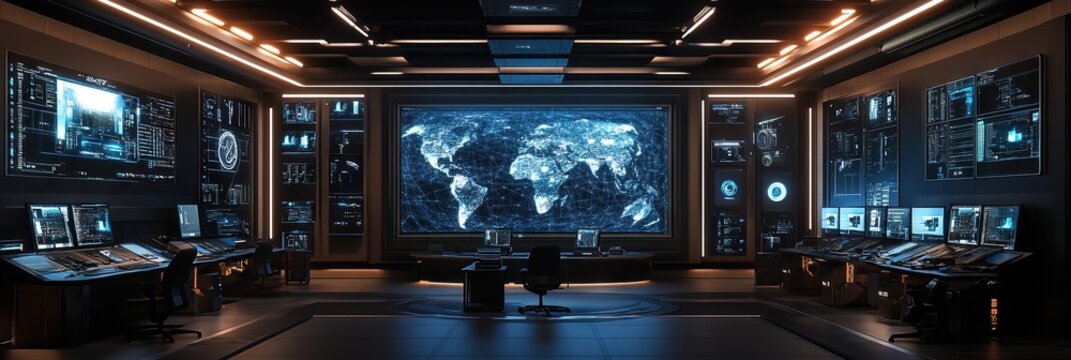a large superhero HQ situation room, designed and filled with hi-tech surveillance technology