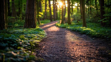 Naklejka premium Forest path with dappled sunlight, serene and inviting, Nature, Soft greens, Photograph, Woodland walk