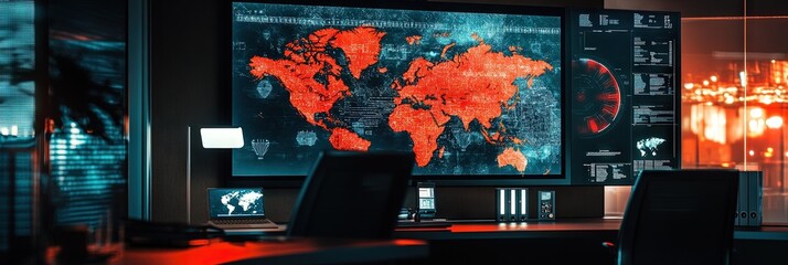 a modern office with a big screen at the wall, showing a world map and red alerts on it