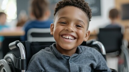 A young boy in a wheelchair is smiling and posing for a picture