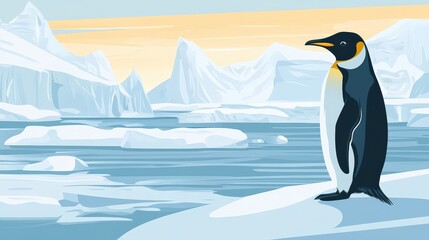 Penguin Paradise in Antarctica: Charming Wildlife Illustration with Icebergs