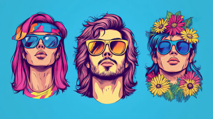 Obraz premium Three stylish individuals with colorful hair and sunglasses.