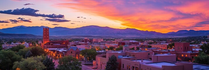 city of santa fe new mexico, traditional pueblo and spaniard architecture, skyline of city, sunset 