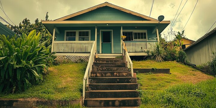 outdated house with stairs on the outside. One-story low-income home