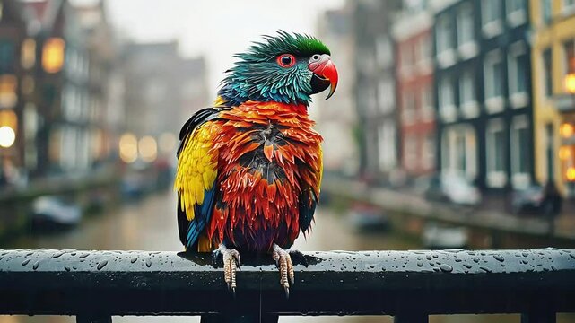 A vibrant parrot perched on a railing with rain drops.