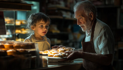 AI generator image of  child standing behind the counter of a pastry shop in cafe, looking mesmerized and enchanted while observing an elderly man selling cake, bakery, cafe.