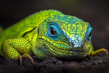 Fototapeta premium A male European green lizard (Lacerta viridis) in Eastern Slovakia, Europe, in June 2009