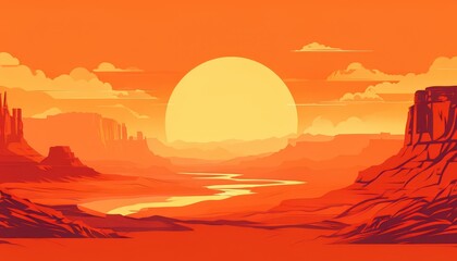 Obraz premium A vibrant sunset over a desert landscape with cliffs and a winding river.
