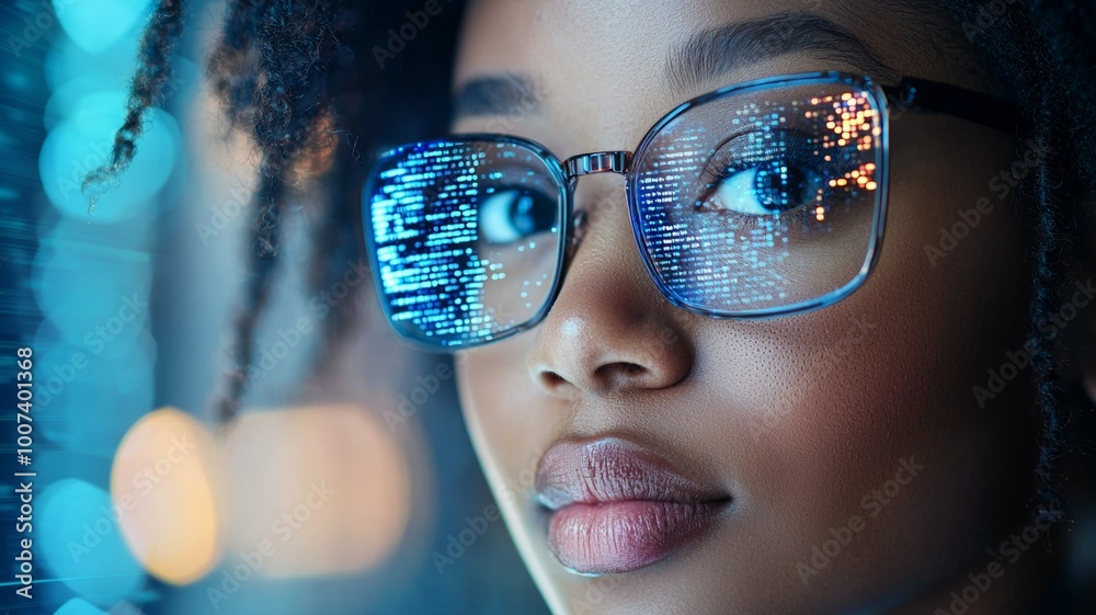 Poster A woman with glasses looking at a computer screen