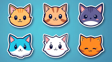 Six cute cartoon cat stickers in different colors.