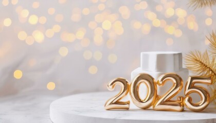 Christmas and New Year card. Number 2025 on holiday background. Christmas lights bokeh background. Holiday postcard. Happy New Year 2025 Card Concept.