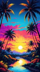 A vibrant sunset over a river framed by palm trees, evoking tranquility and nature's beauty.