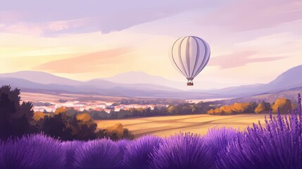 Fototapeta premium Serene Provence: Dreamy Hot Air Balloon over Lavender Fields - Inspirational Travel Destination Illustration