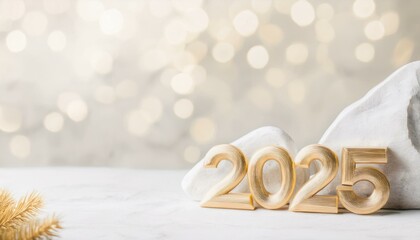 Christmas and New Year card. Number 2025 on holiday background. Christmas lights bokeh background. Holiday postcard. Happy New Year 2025 Card Concept.