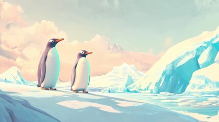 Fototapeta premium Arctic Elegance: Serene Penguin Illustration Amid Majestic Icebergs