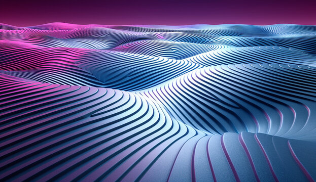 Neon Blue and Pink Abstract Geometric Landscape with Wavy Ridges
