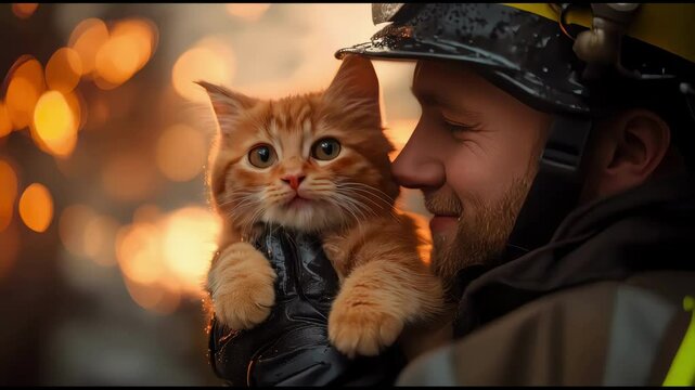 Firefighter's Compassion: A firefighter cradles a rescued kitten, showcasing the selfless courage and empathy of first responders.
