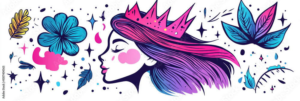 Poster A vibrant illustration of a woman wearing a crown surrounded by flowers and stars.