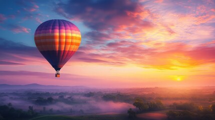 Fototapeta premium Dreamy Hot Air Balloon Journey at Sunrise - Print Template Illustration with Inspirational Landscape and Vibrant Colors
