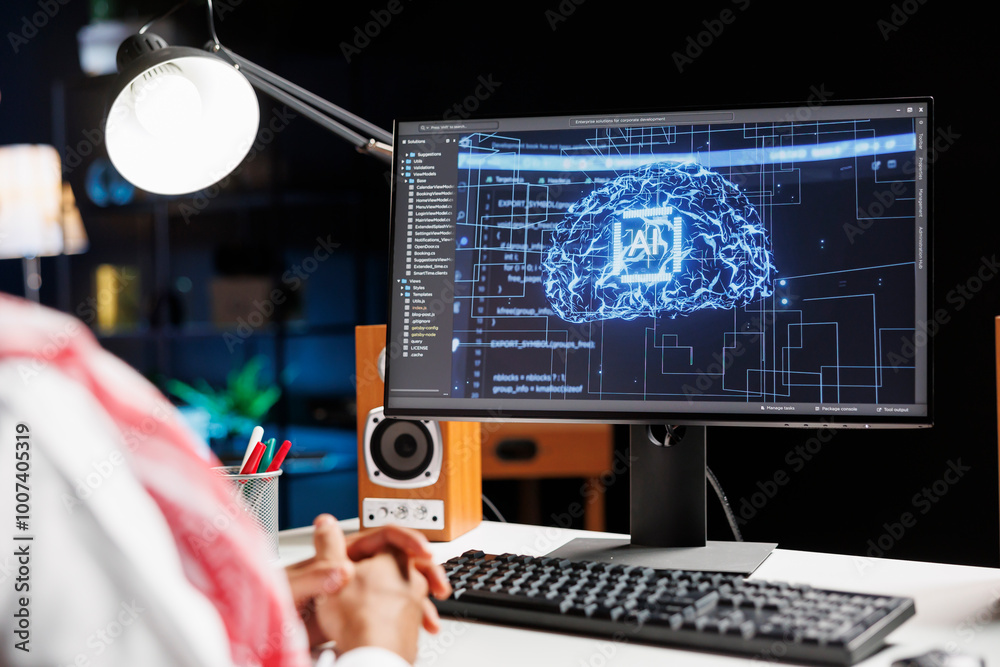 Poster arabian professional monitoring a futuristic network, ensuring cybersecurity. expert in artificial i