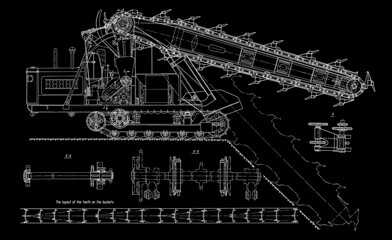 Bulldozer. Tracked (crawler) earthmoving machine. 
Technical drawing of tractor.
Engineering mechanical design of excavator. 
Industrial cad scheme. Technology background
of machine building industry.