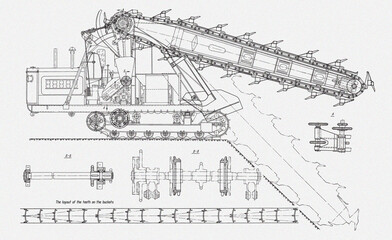 Bulldozer. Tracked (crawler) earthmoving machine. 
Technical drawing of tractor.
Engineering mechanical pencil design of excavator. Industrial 
cad scheme on white paper sheet. 
Technology background.