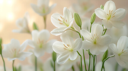 a group of white flowers with green leaves


