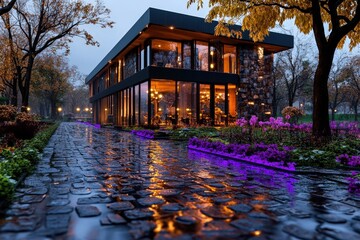 Fototapeta premium A modern house with large windows and a cobblestone pathway, surrounded by resplendent autumn foliage, exudes warmth and tranquility in an evening setting.
