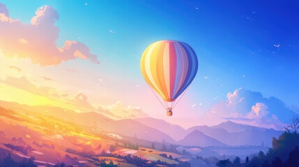 Fototapeta premium Aerial Escape: Hot Air Balloon Journey Through Pastel Skies and Serene Landscapes for Travel Destinations Promotion